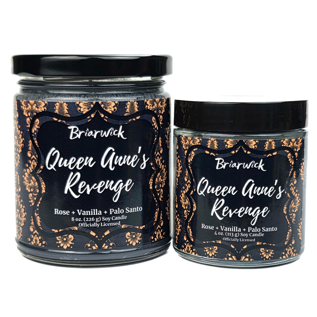 Two candles labeled 'Queen Anne's Revenge' by Brierwick on a white background