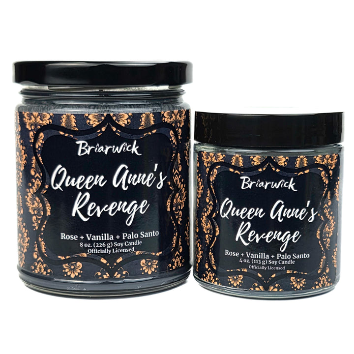 Two candles labeled 'Queen Anne's Revenge' by Brierwick on a white background
