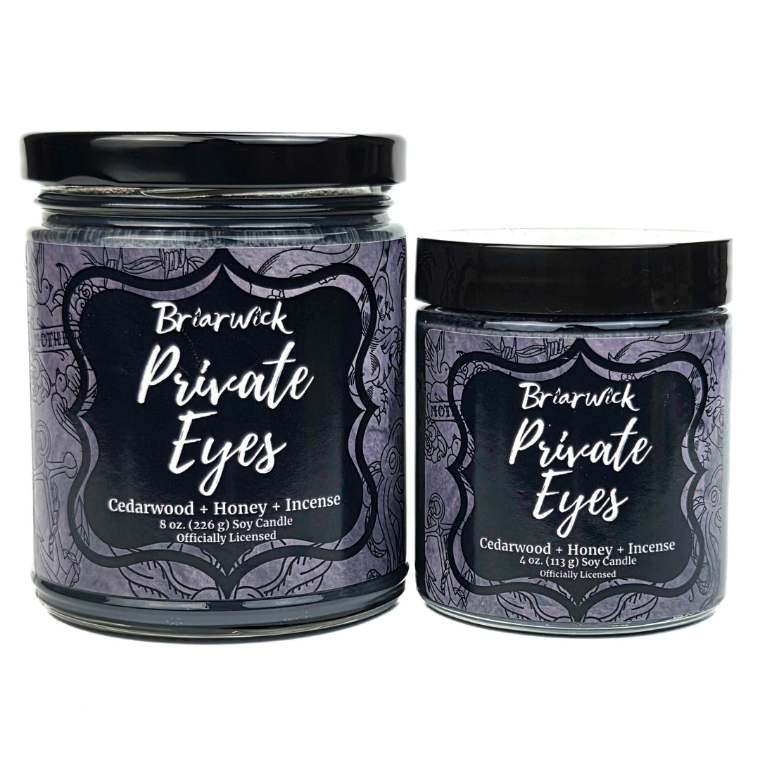 Two Briarwick Private Eyes candles on a white background