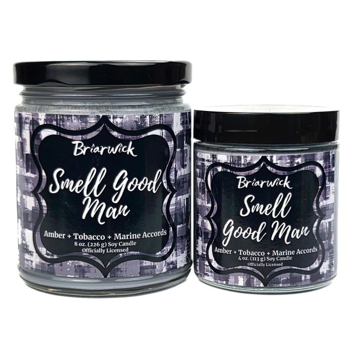 Two jars of Briarwick 'Smell Good Man' candles on a white background