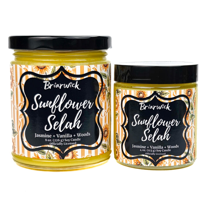 Two Briarwick Sunflower Selah candles with decorative labels on a white background