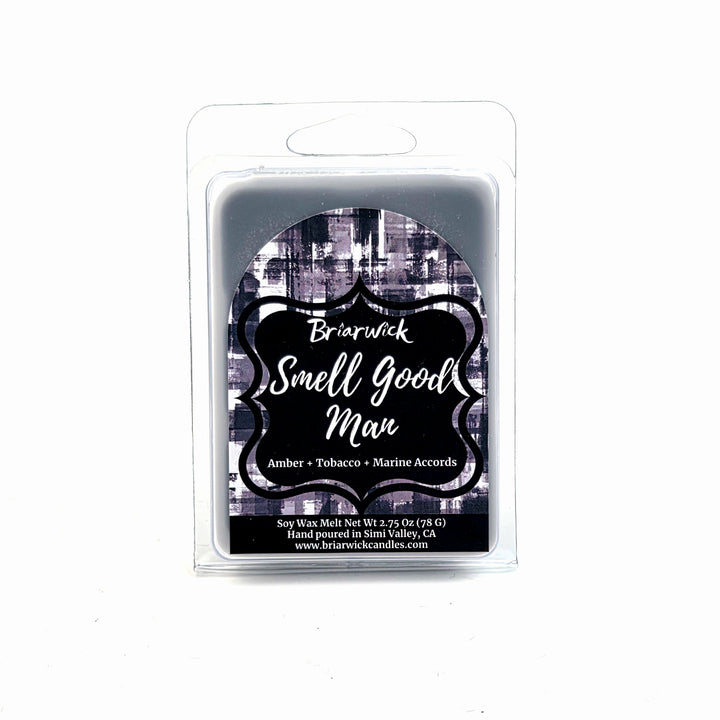 Wax melt package with 'Smell Good Man' label on a white background