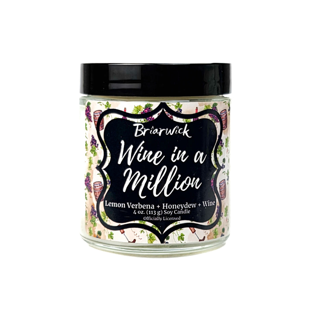 A white Wine in a Million 4oz candle jar by Briarwick on a white background