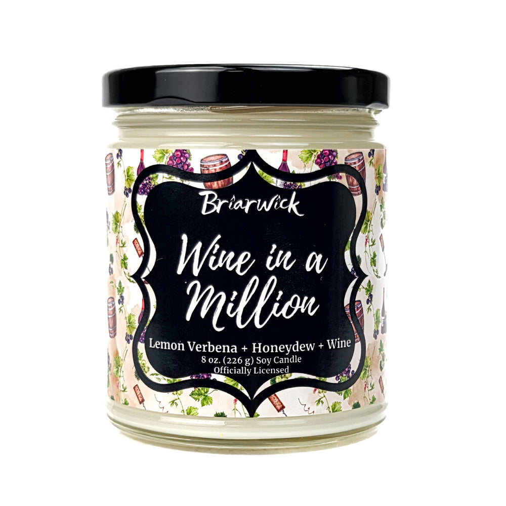 A white Wine in a Million 8oz candle jar by Briarwick on a white background