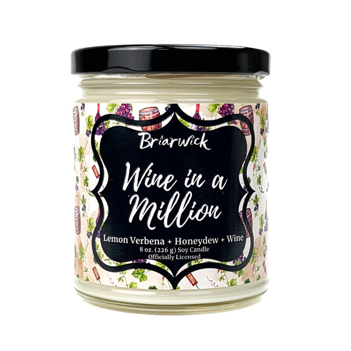 A white Wine in a Million 8oz candle jar by Briarwick on a white background
