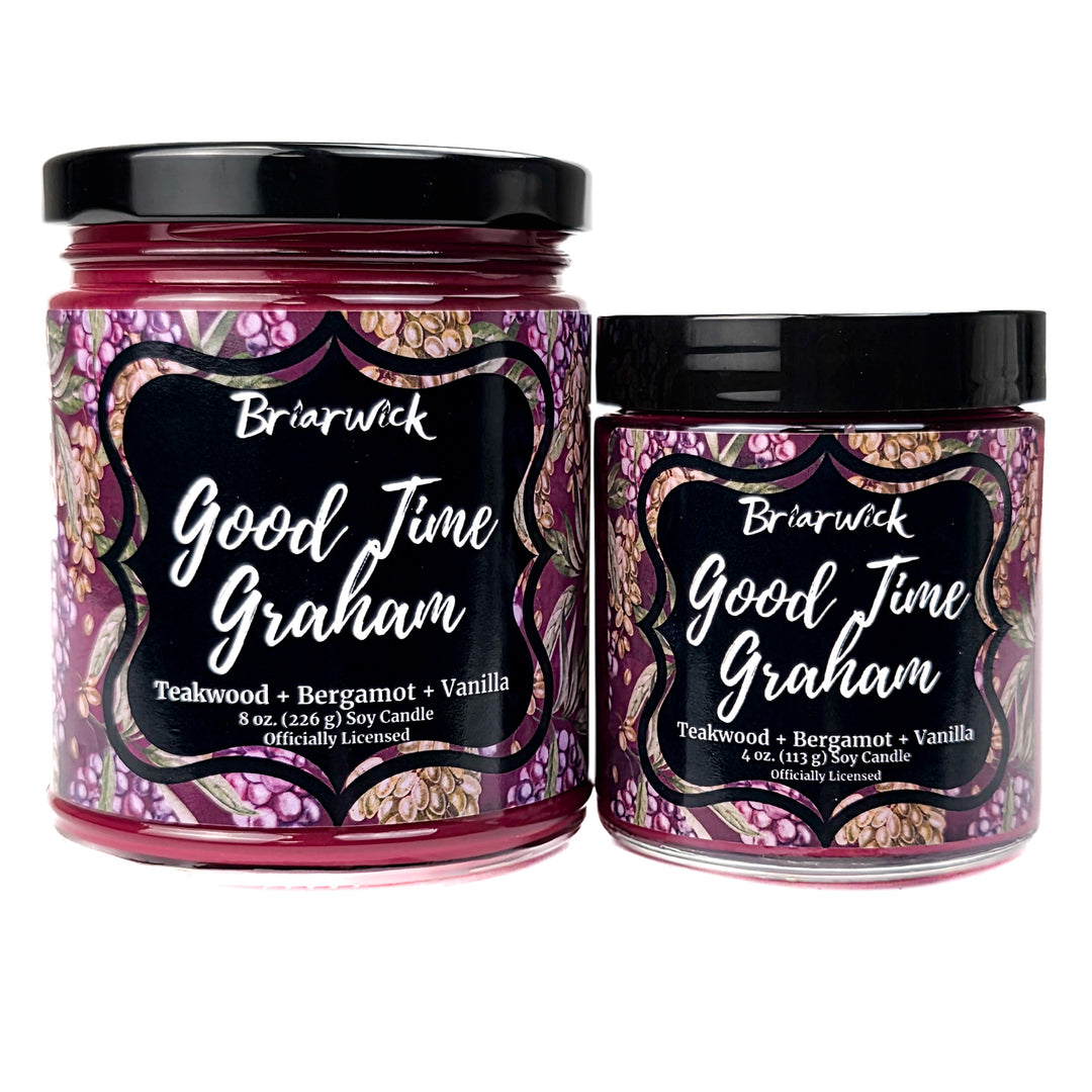 2 plum Good Time Graham candles by Briarwick on a white background
