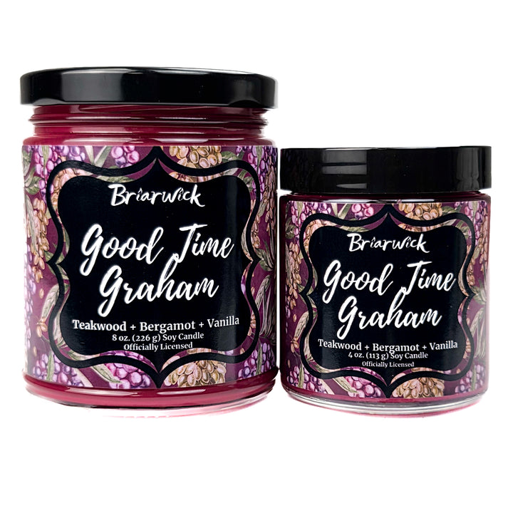 2 plum Good Time Graham candles by Briarwick on a white background