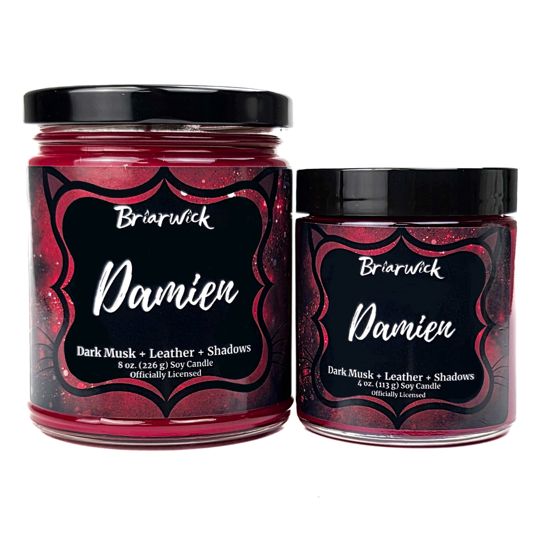 2 red Damien candles by Briarwick on a white background