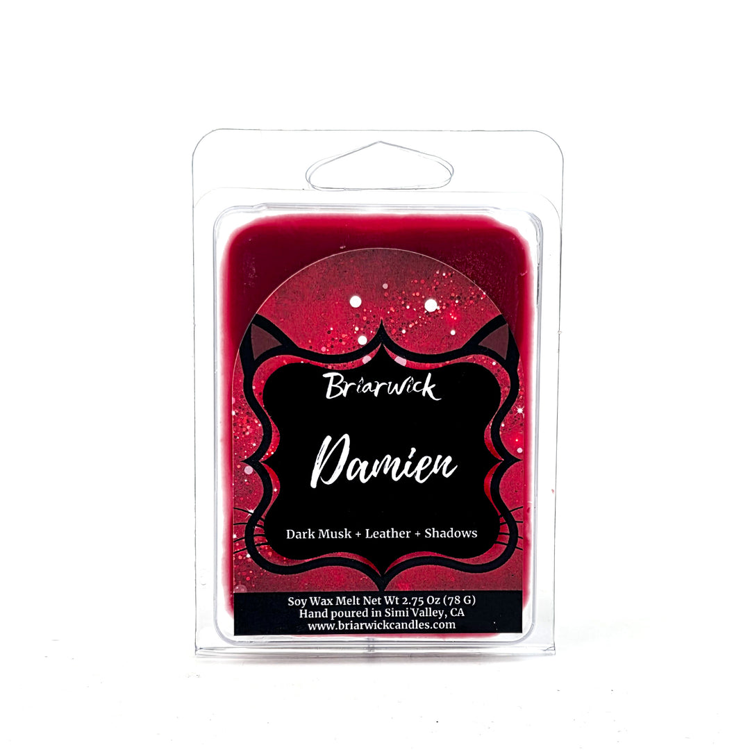 Red Damien wax melt by Briarwick on a white background