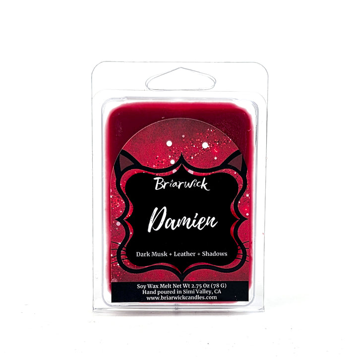 Red Damien wax melt by Briarwick on a white background