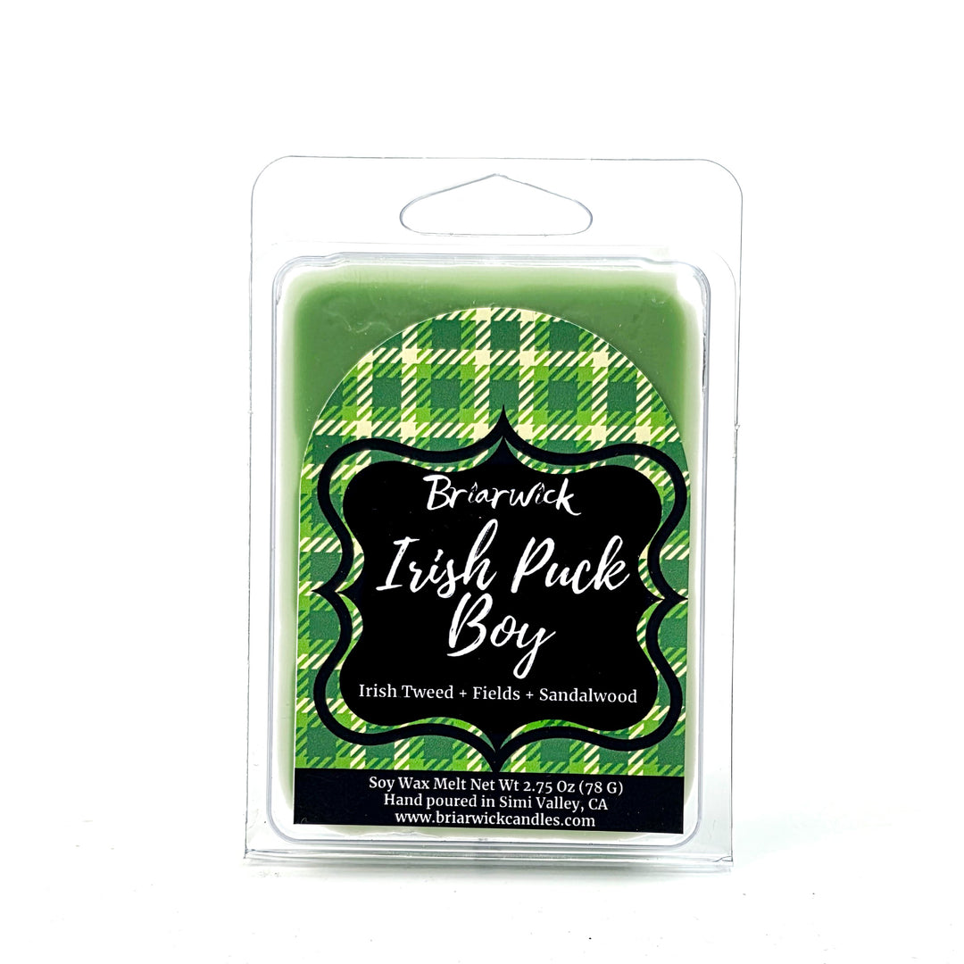 Green wax melt called "Irish Puck Boy" by Briarwick on a white background