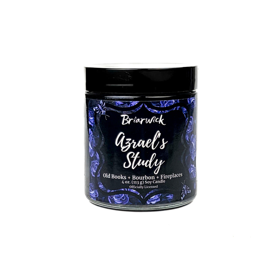 Briarwick 4oz soy candle in glass jar on white background. Blue rose label has scent name Azrael's Study