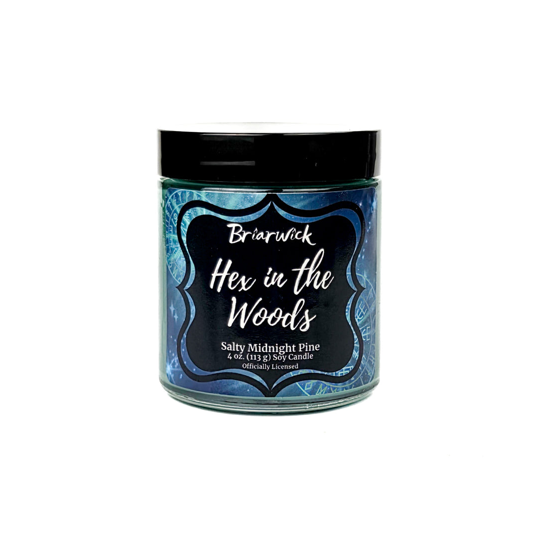 Briarwick 4oz soy candle in glass jar on white background.  Teal label has scent name Hex in the Woods
