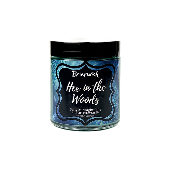 Briarwick 4oz soy candle in glass jar on white background.  Teal label has scent name Hex in the Woods