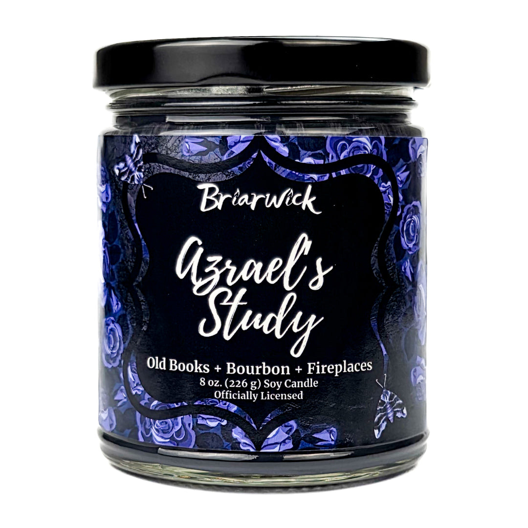 Briarwick 8oz soy candle in glass jar on white background. Blue rose label has scent name Azrael's Study