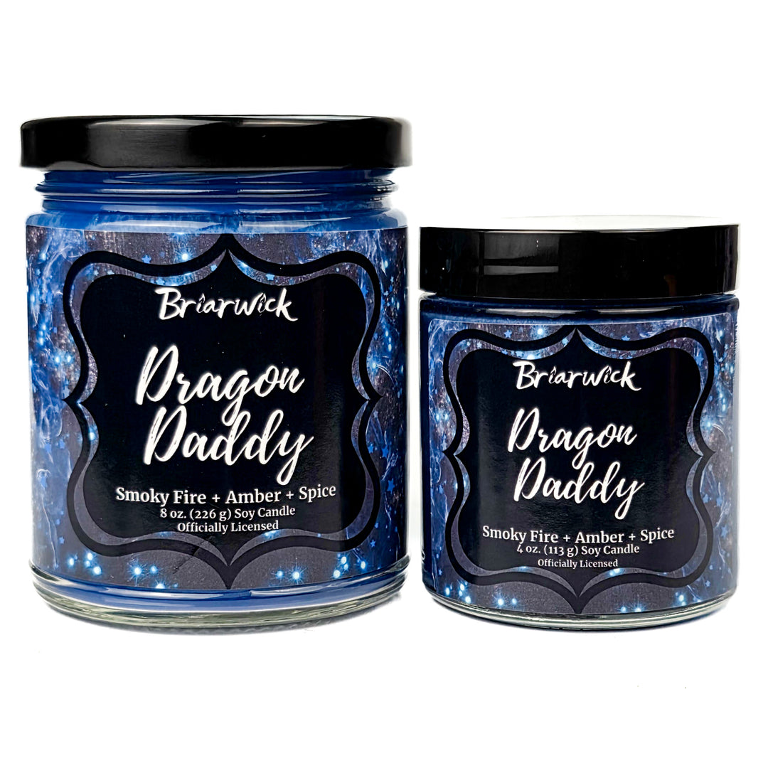 Two jars of Briarwick Dragon Daddy candles on a white background