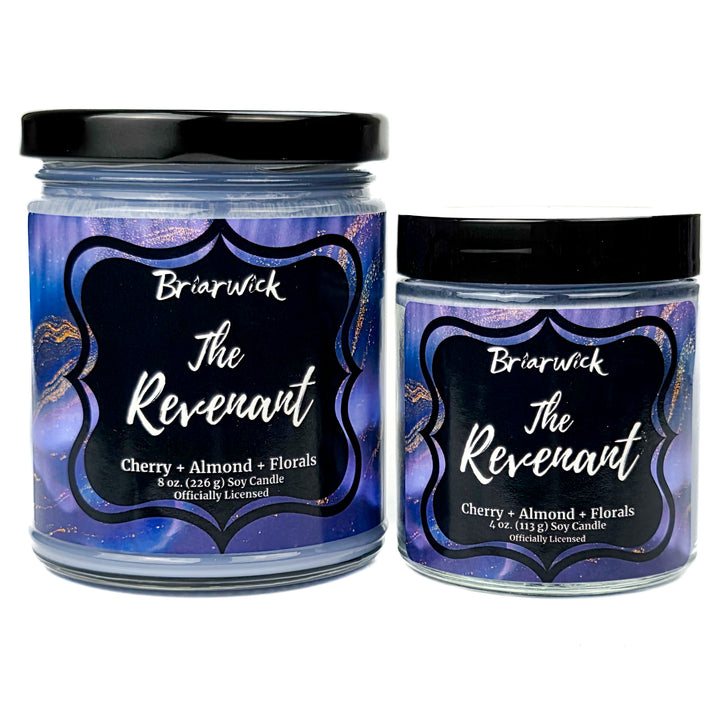 Two Briarwick 'The Revenant' candles with purple labels on a white background