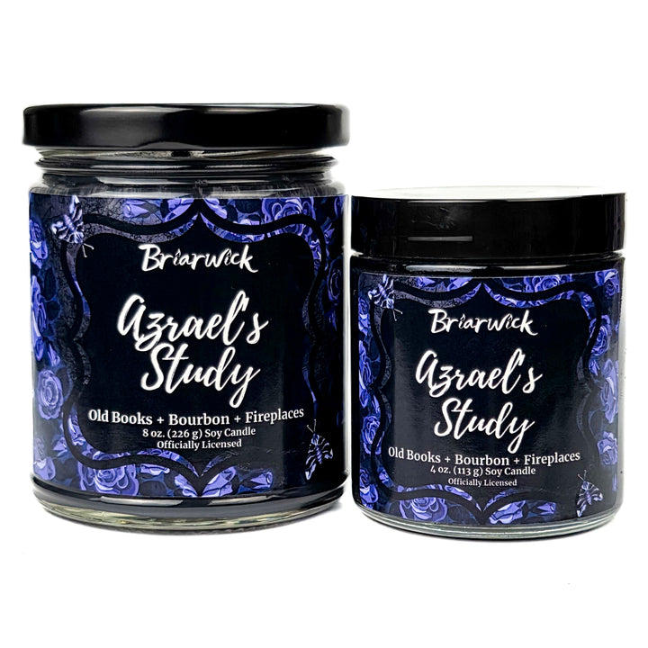 Two Briarwick Azrael's Study candles with black lids on a white background