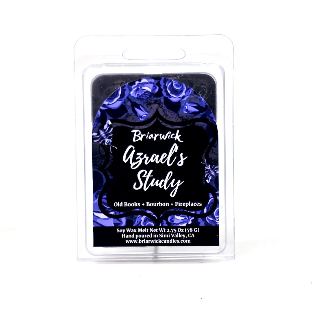 Briarwick soy wax melt package with blue roses and scent name Azrael's Study on a white background