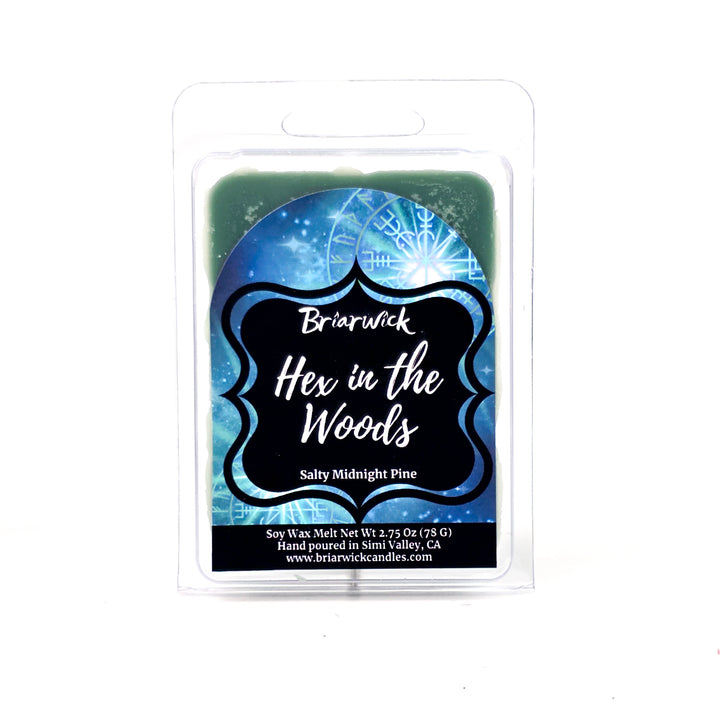 Briarwick wax melt in clamshell package on a white background. Teal label with scent name Hex in the Woods