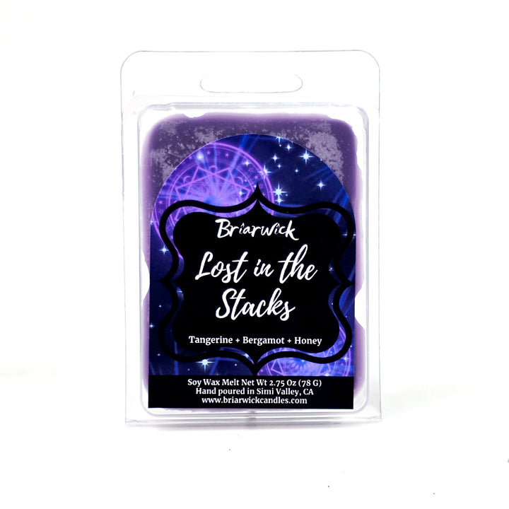 Briarwick Lost in the Stacks wax melt packaging with indigo label on a white background