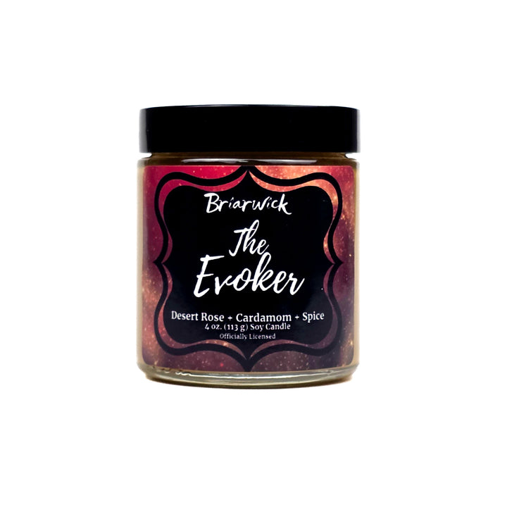 Jar of Briarwick The Evoker candle with a black lid and label on a white background