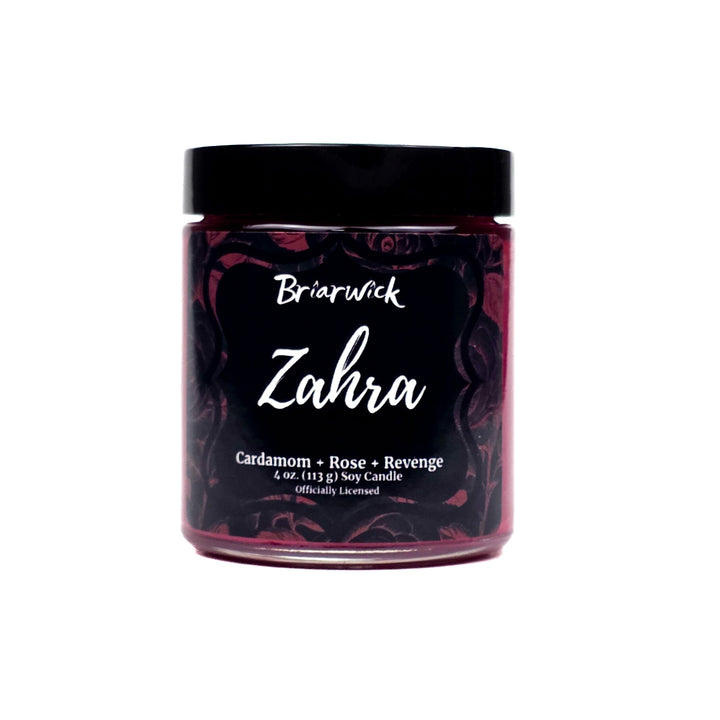 Candle jar labeled 'Zahra' by Briarwick on a white background