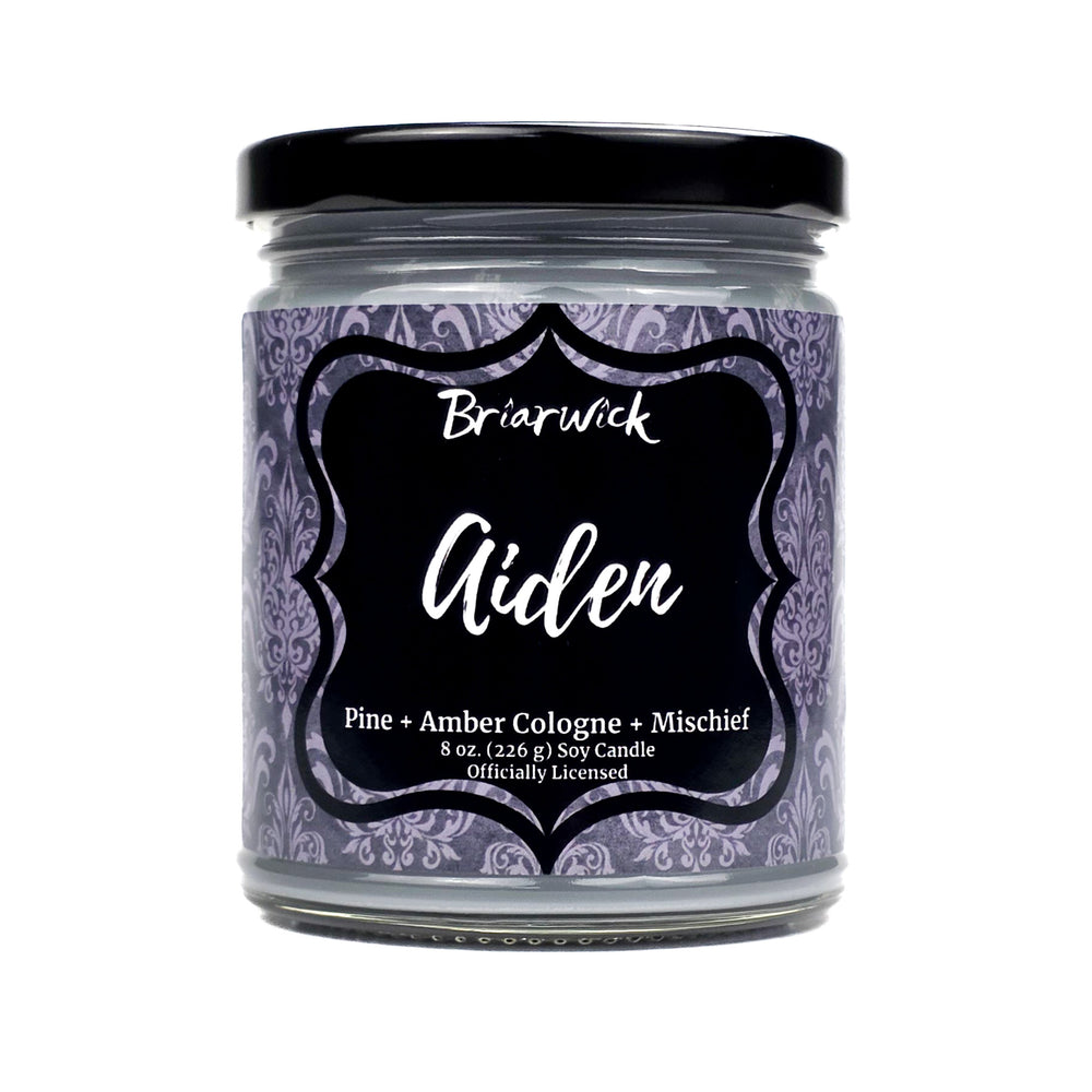 Candle jar with a decorative label on a white background