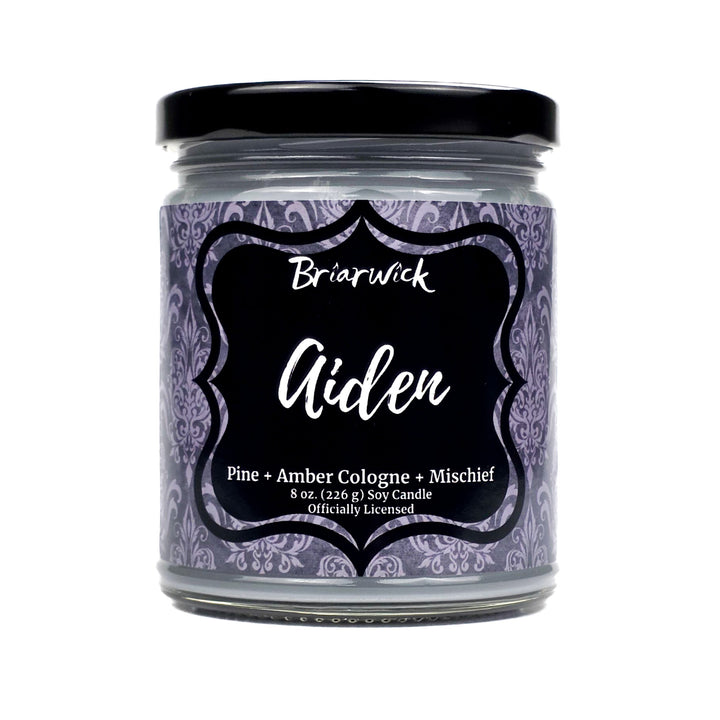 Candle jar with a decorative label on a white background