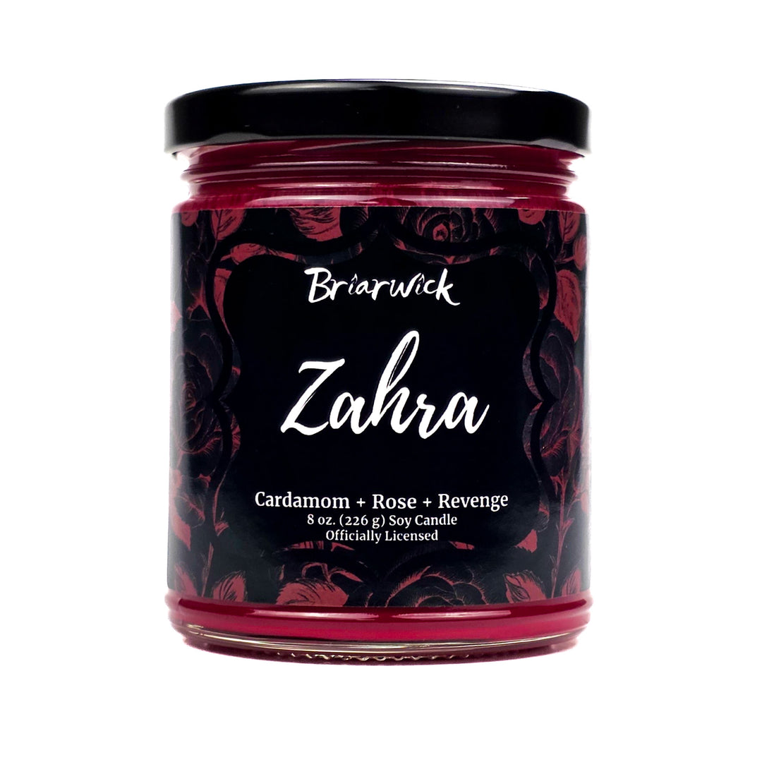 Candle jar with 'Briarwick Zahra' label on a white background
