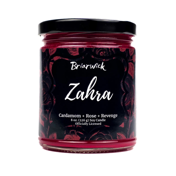 Candle jar with 'Briarwick Zahra' label on a white background