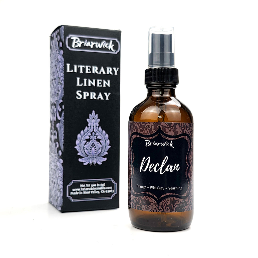 Brierwick Declan literary linen spray bottle and packaging on a white background