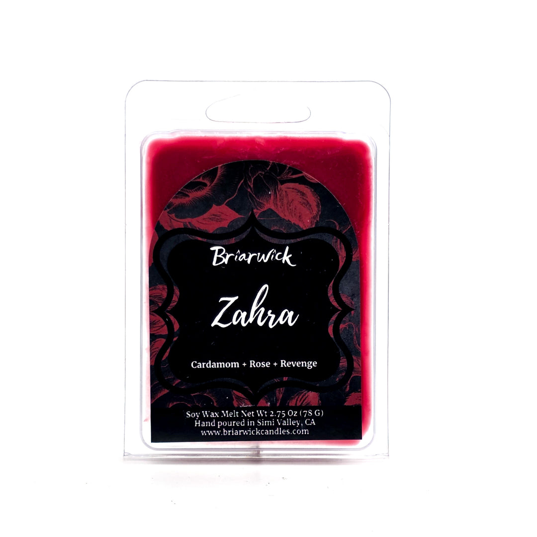 Brierwick Zahra wax melt packaging with red and black design on a white background