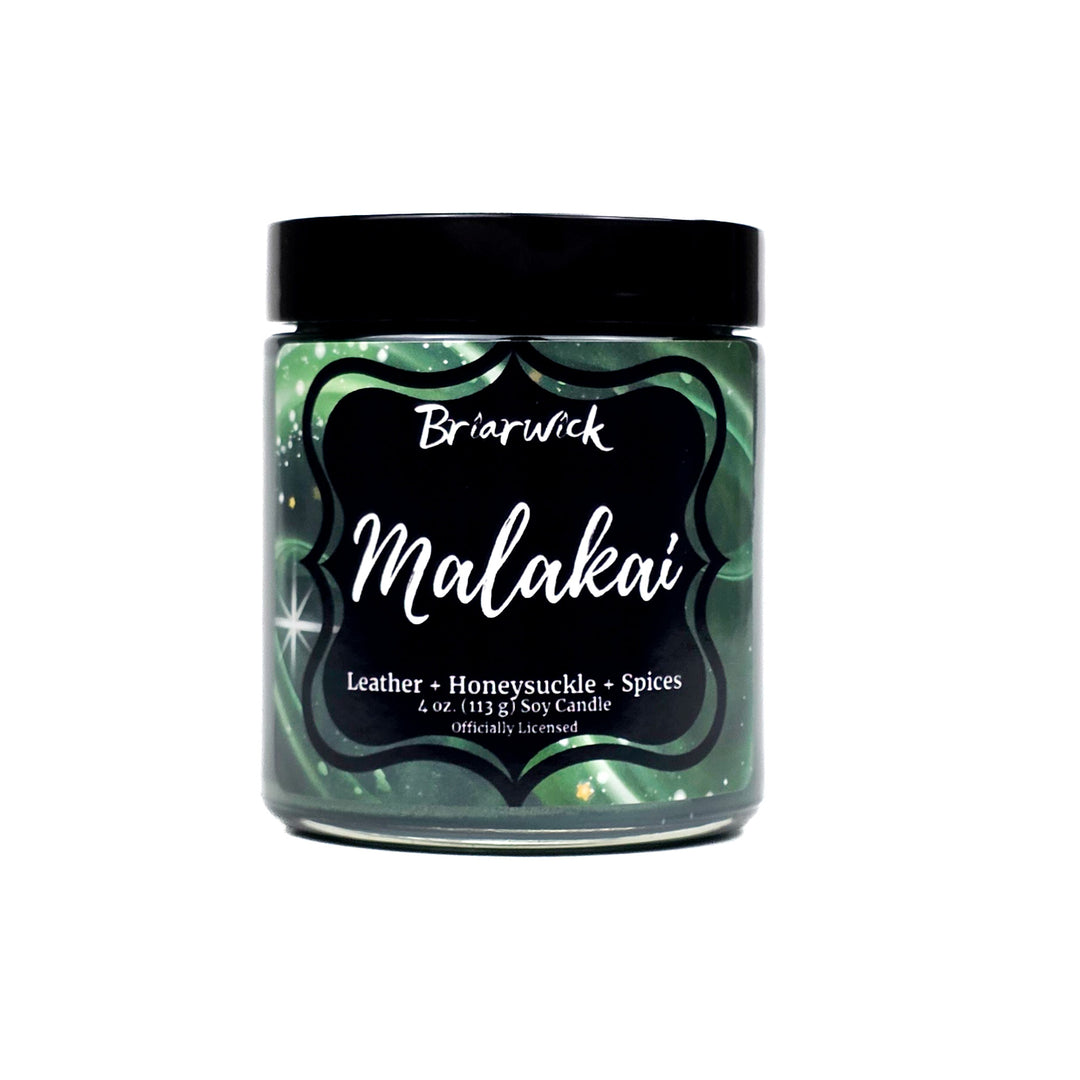 Candle jar labeled 'Malakai' by Briarwick on a white background