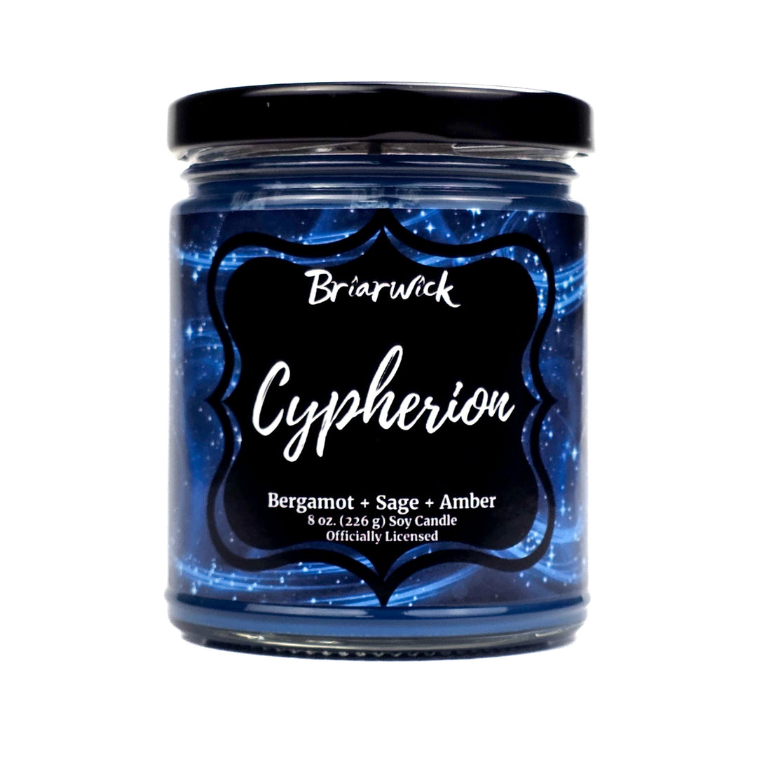 Candle jar labeled 'Cypherion' by Briarwick with a black lid on a white background