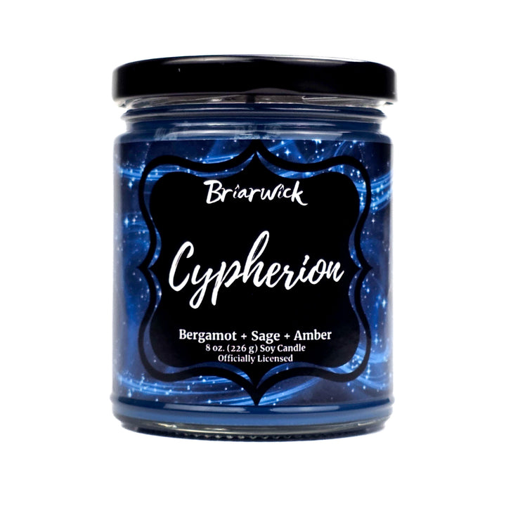 Candle jar labeled 'Cypherion' by Briarwick with a black lid on a white background