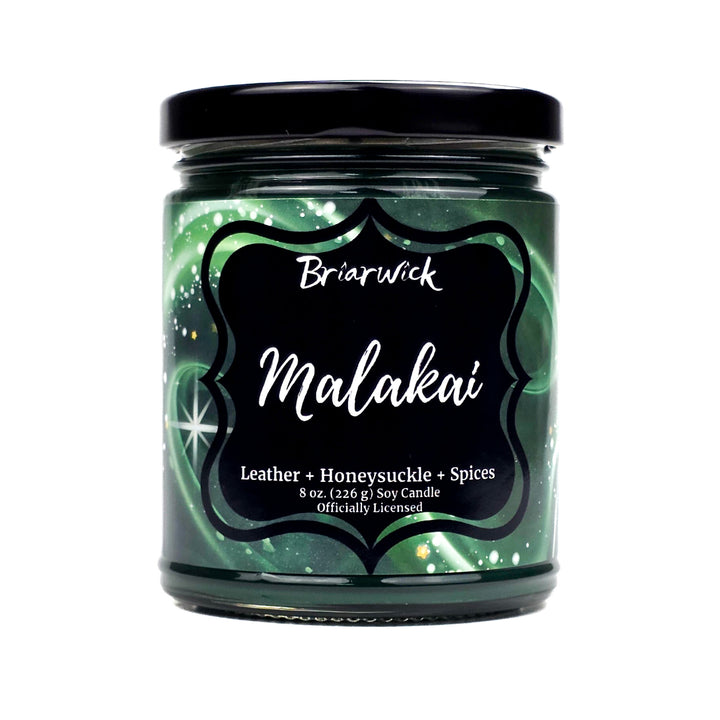 Candle jar with 'Briarwick Malakai' label on a white background