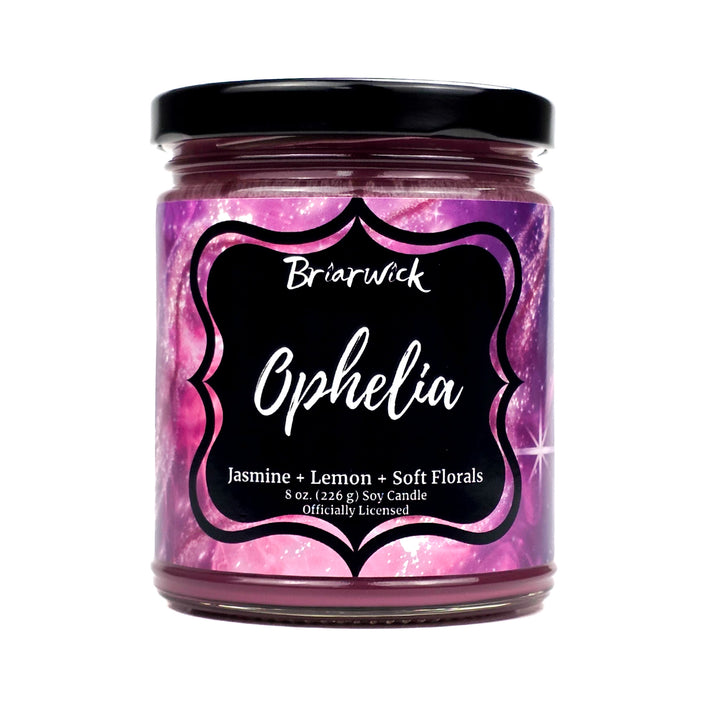 Jar of Briarwick Ophelia candle with pink and black label on a white background