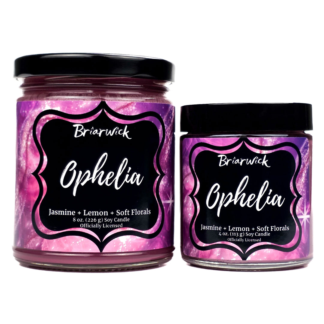 Two jars of Briarwick Ophelia candle with pink labels on a white background