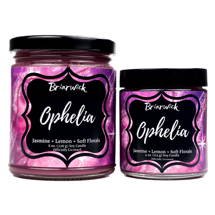 Two jars of Briarwick Ophelia candle with pink labels on a white background