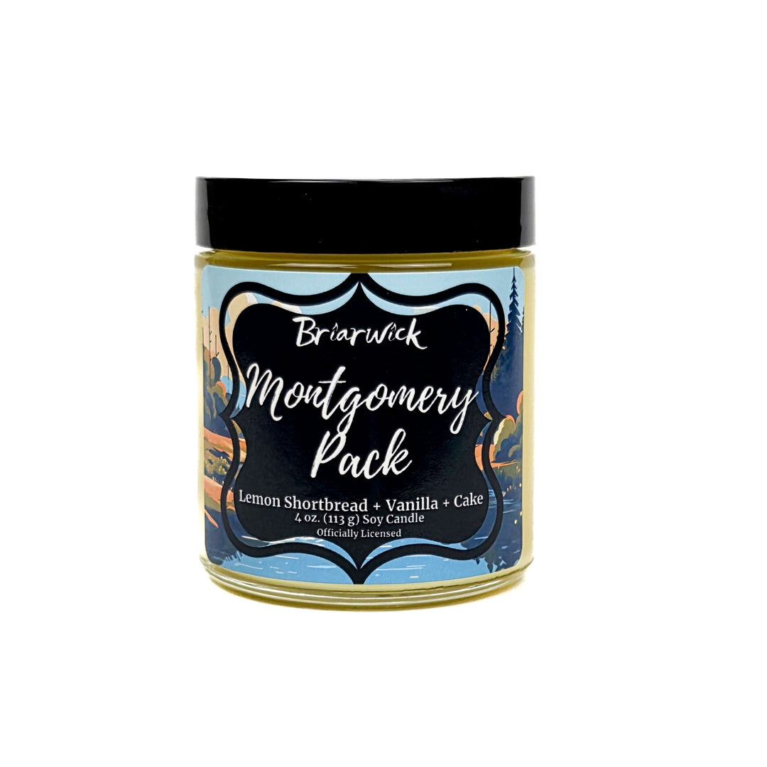 Jar of Briarwick Montgomery Pack candle with a black lid on a white background