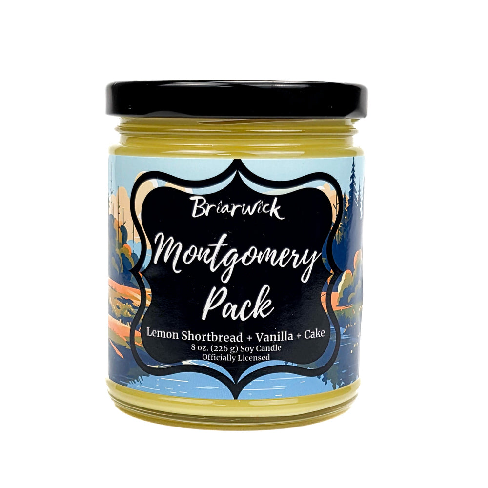 Jar of Briarwick Montgomery Pack candle with decorative label on a white background