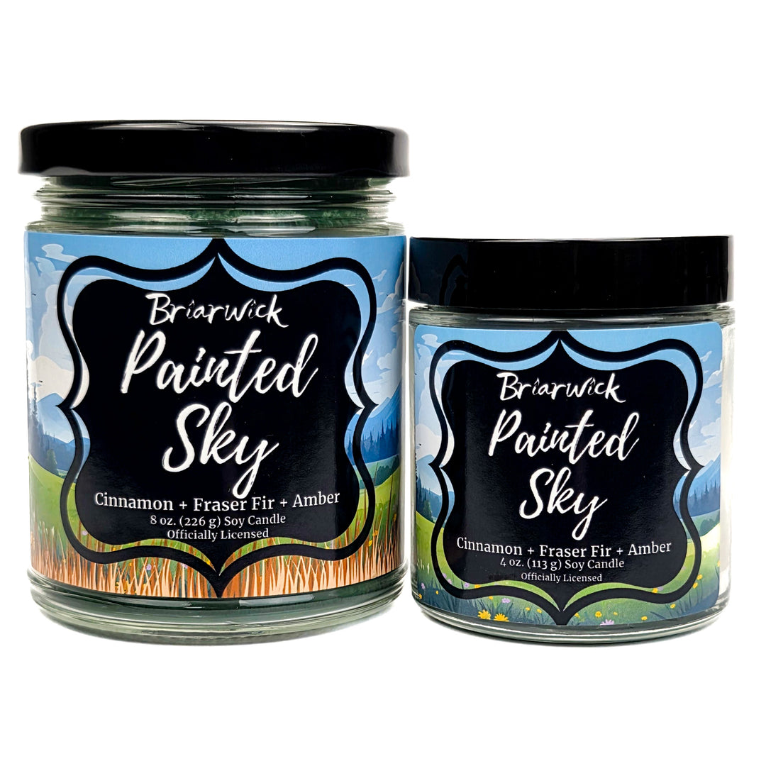 Two Briarwick Painted Sky candles with labels on a white background