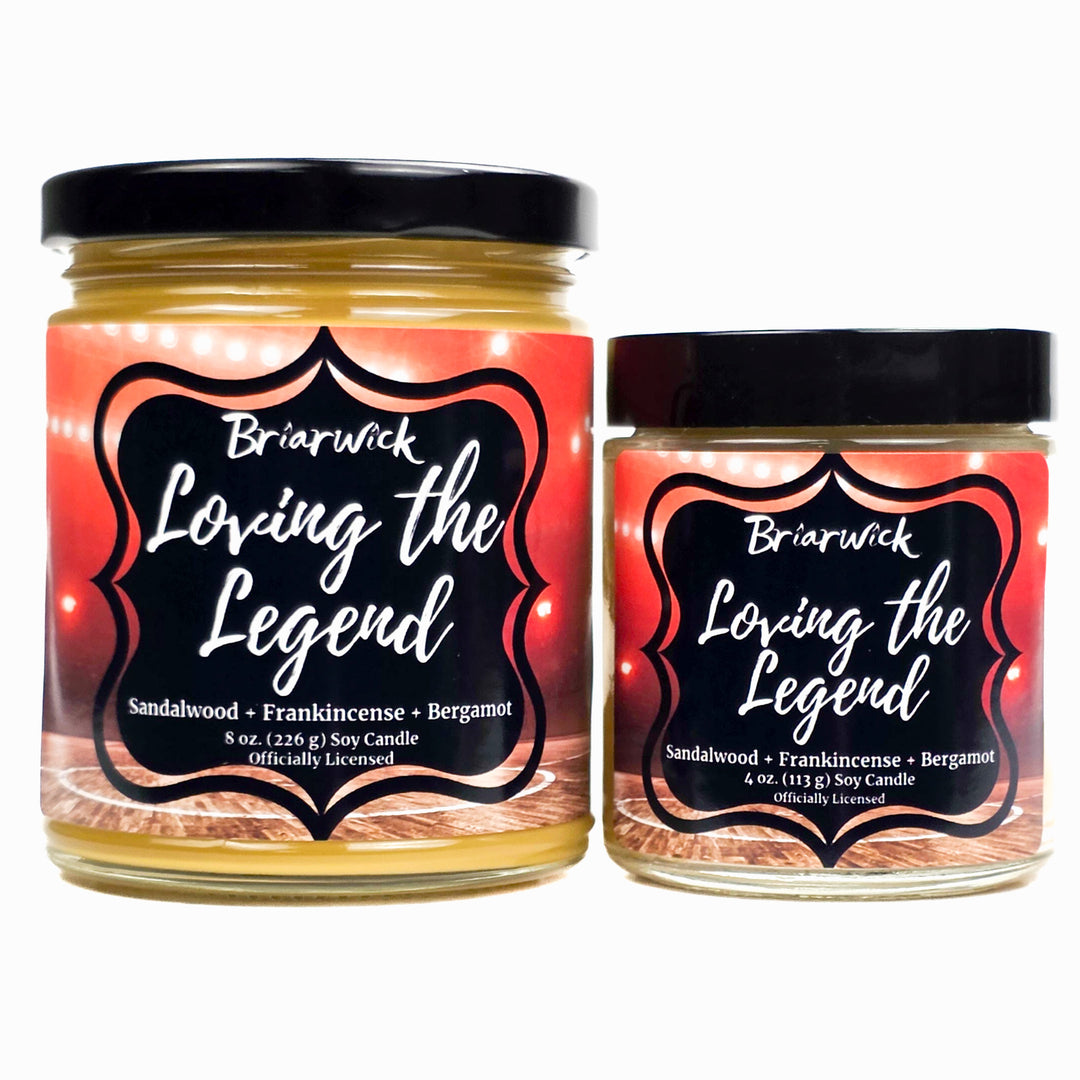 Two Briarwick candles with 'Loving the Legend' label on a white background