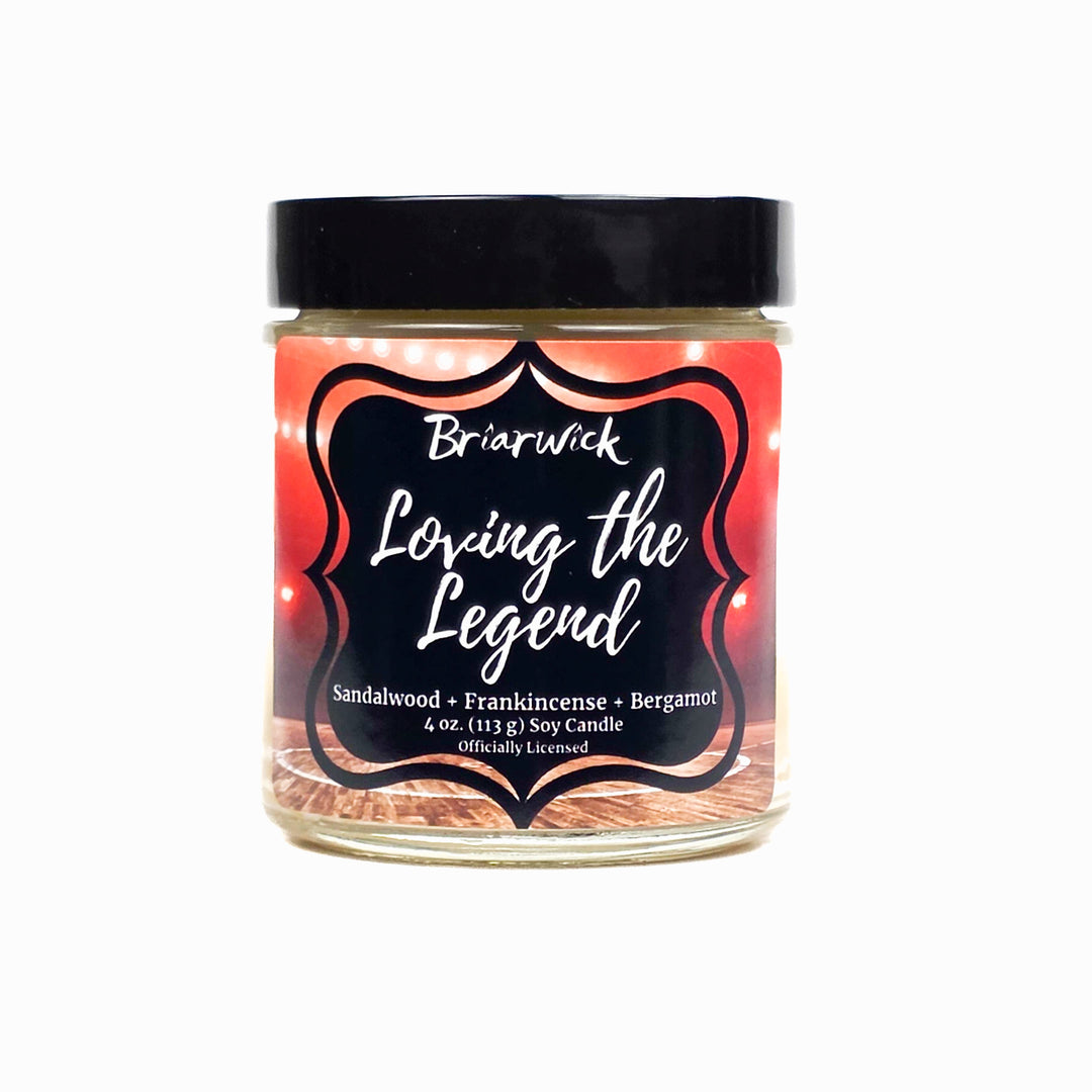 Briarwick candle called 'Loving the Legend' with decorative label on a white background