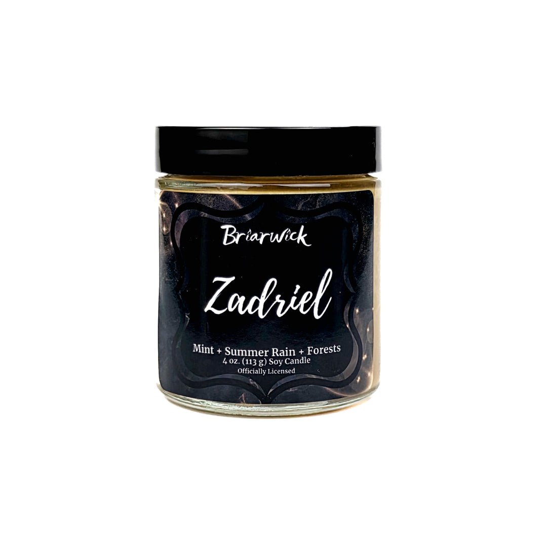 Jar of candle with 'Briarwick Zadriel' label on a white background