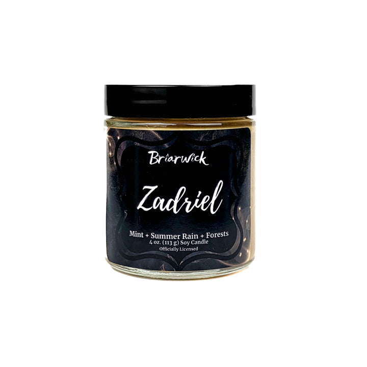 Jar of candle with 'Briarwick Zadriel' label on a white background