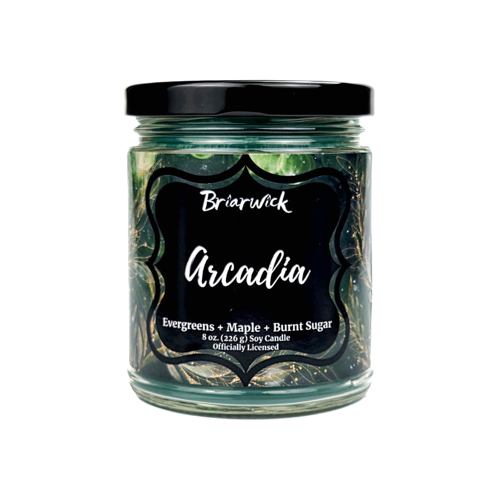 Candle jar labeled 'Arcadia' by Briarwick on a white background