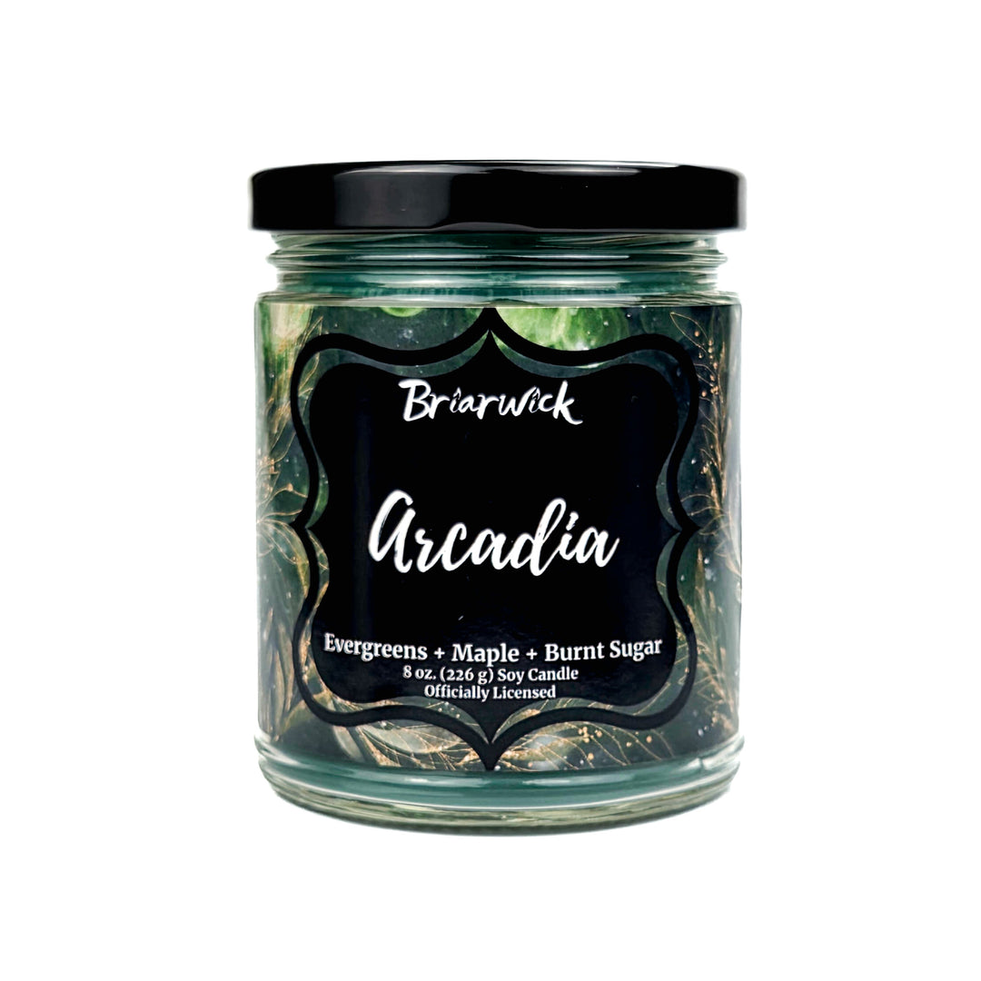 Candle jar labeled 'Arcadia' by Briarwick on a white background