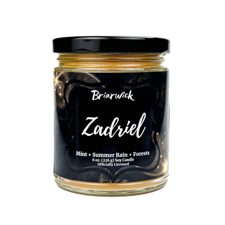 Candle jar with black label featuring the brand 'Briarwick' and product name 'Zadriel'.